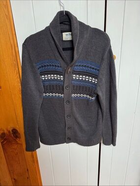 urban pipeline Charcoal Shawl Collar Cardigan with Blue and White Pattern